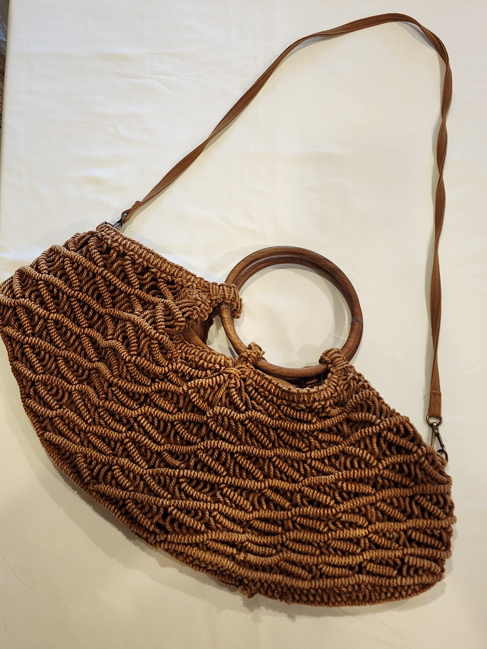 Free People Brown Woven Macramé with Wooden Handles(1 handle has damage)
